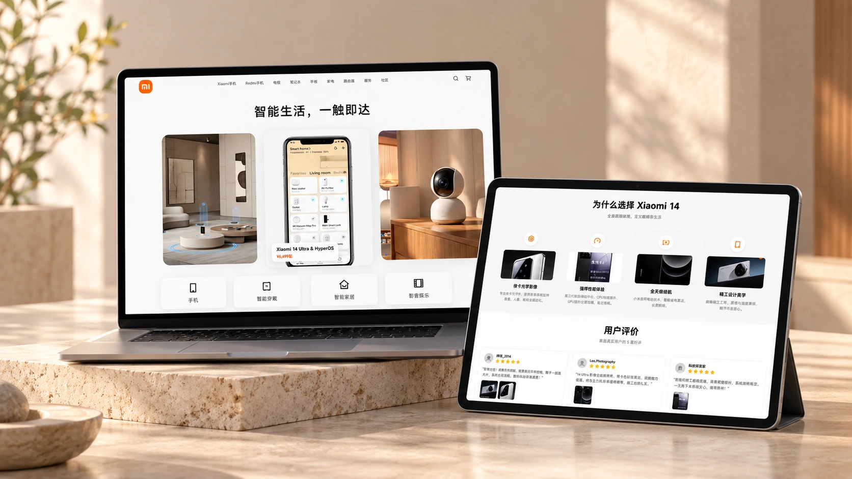 小米智能生态，暖白空间中的电脑和平板展示