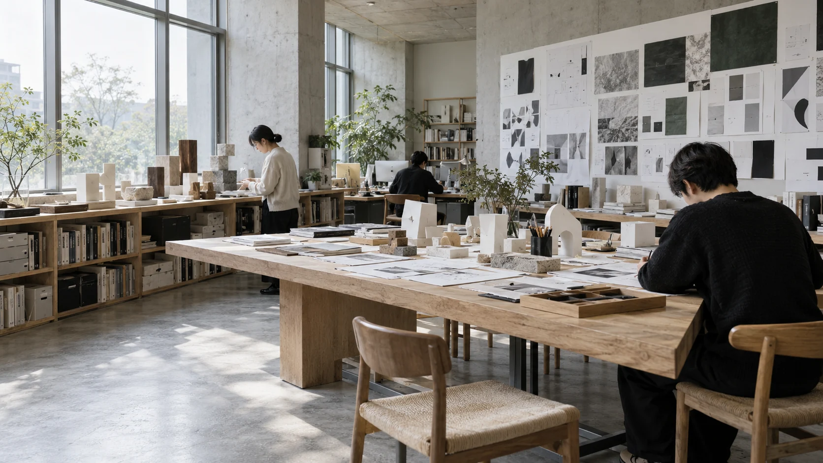 设计团队在工作室研究材料与视觉方案